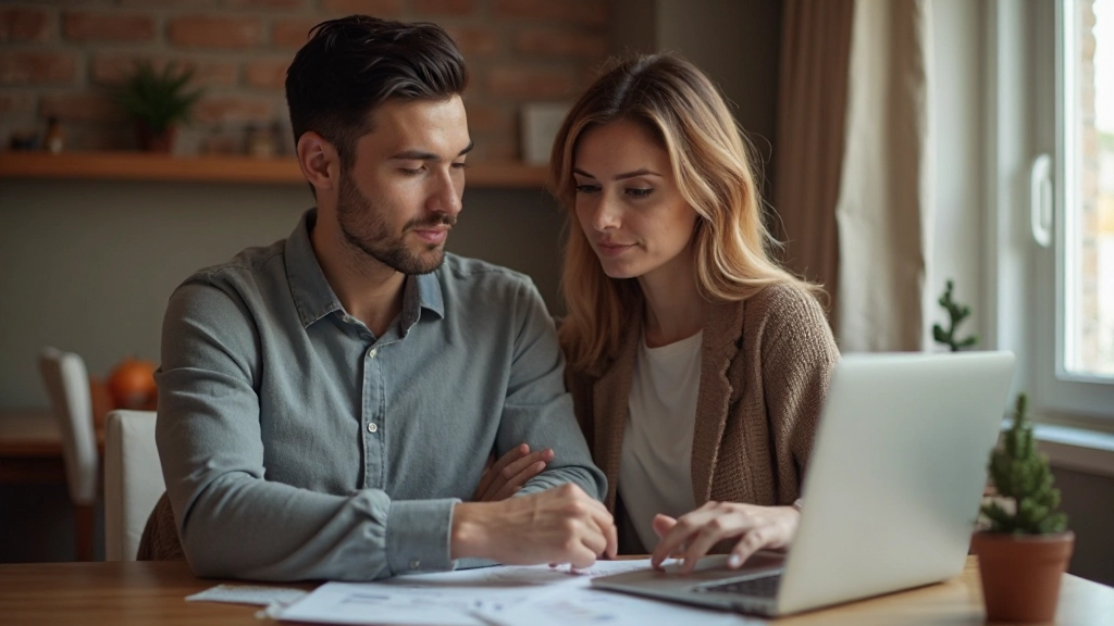 Пара обсуждает финансовый план, сидя с ноутбуком и документами