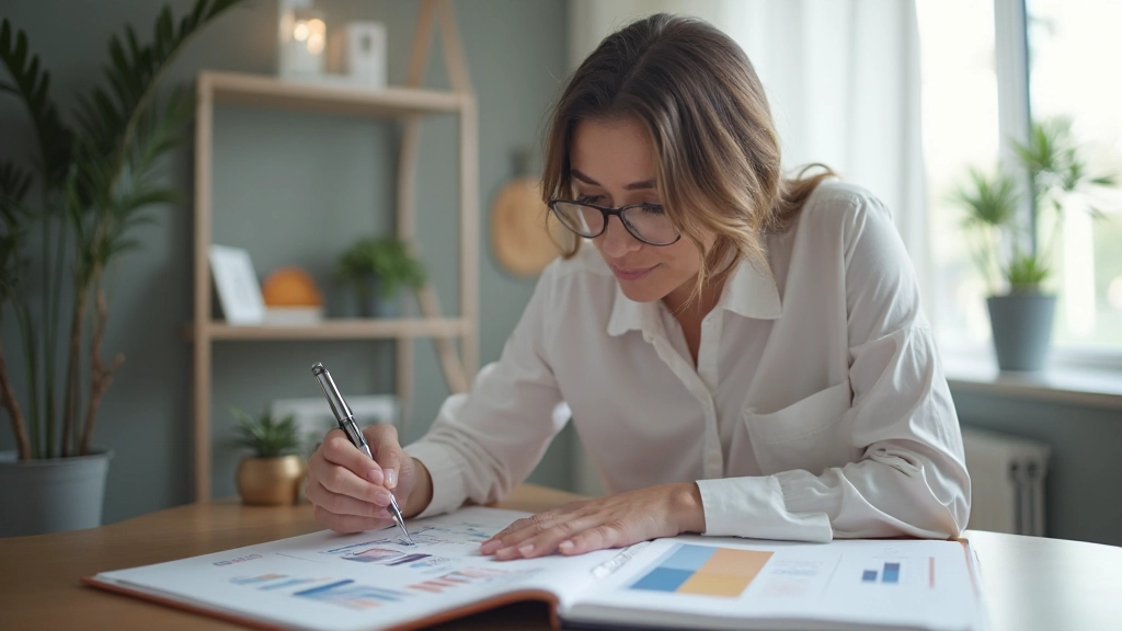 Человек ведёт записи в планировщик с графиками и таблицами расходов
